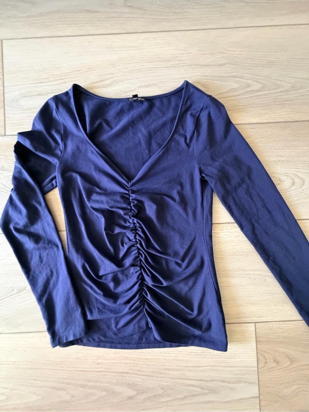 Express Navy Ruched V-Neck Long Sleeve Top